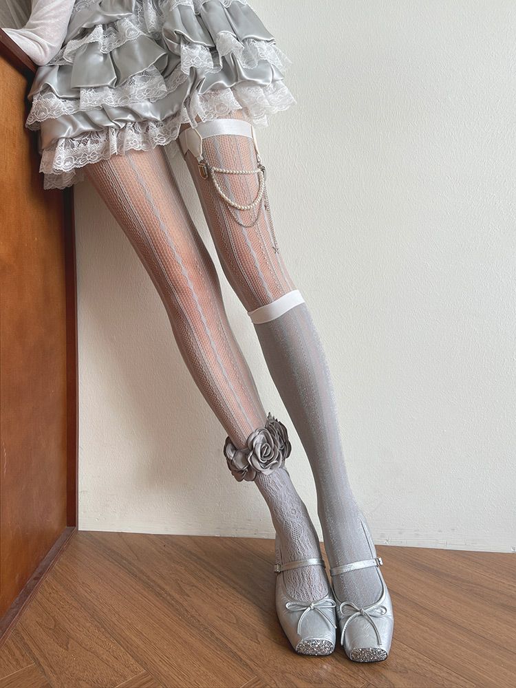 und Perlenanhänger/Blumenbesatz unter dem Knie Hohlsocken/Graue Strümpfe Strumpfhose/Bein Grau Sternförmig mit Strängen Schleife Halbtransparent