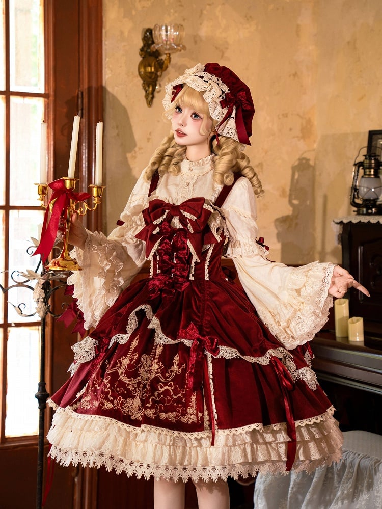 / Dress Red Lolita Decoration JSK Bows Velvet Embroidery Candle