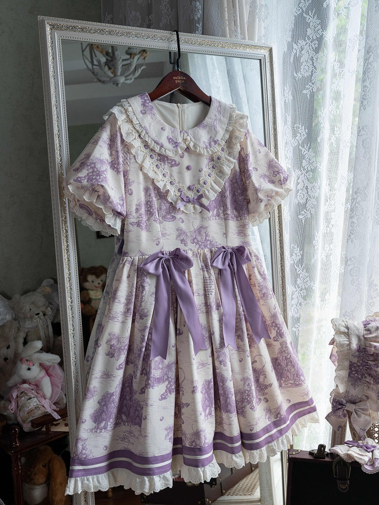 Lolita Print Lila Kurzes Kleid mit Peter-Ärmeln und Traubenkragen