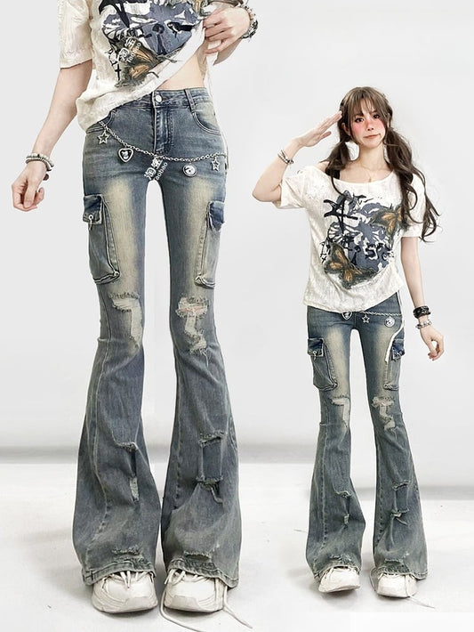 Faded Glamorous Holes Design Wash Bittersweet Silhouette Jeans Distressed Blue Flare