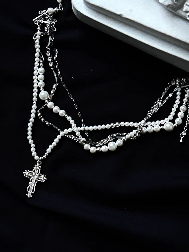 Red/White Gothic Lolita Necklace with Cross Pendent