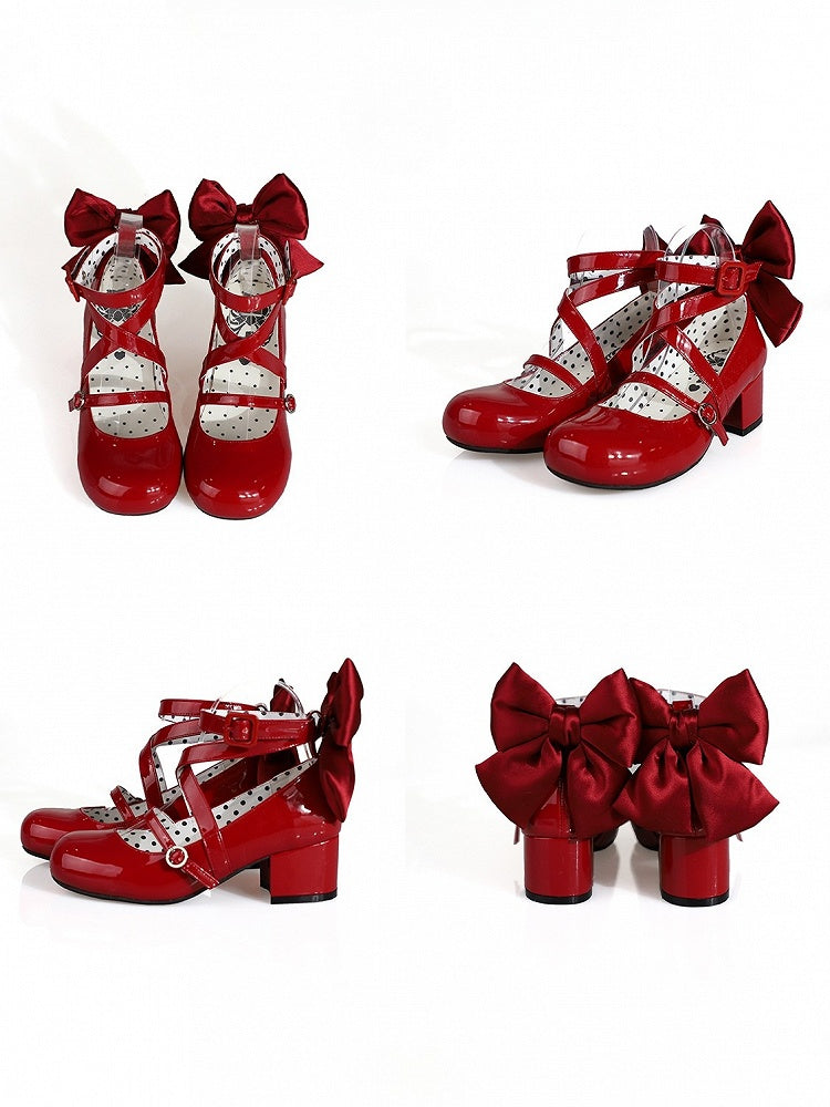 Accent Bow Crisscross Heels Mid Red Design Sweet Toe Round - Lolita