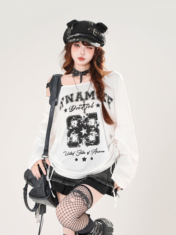 Side Asymmetrical Neckline Number and Letter Print Drawstring