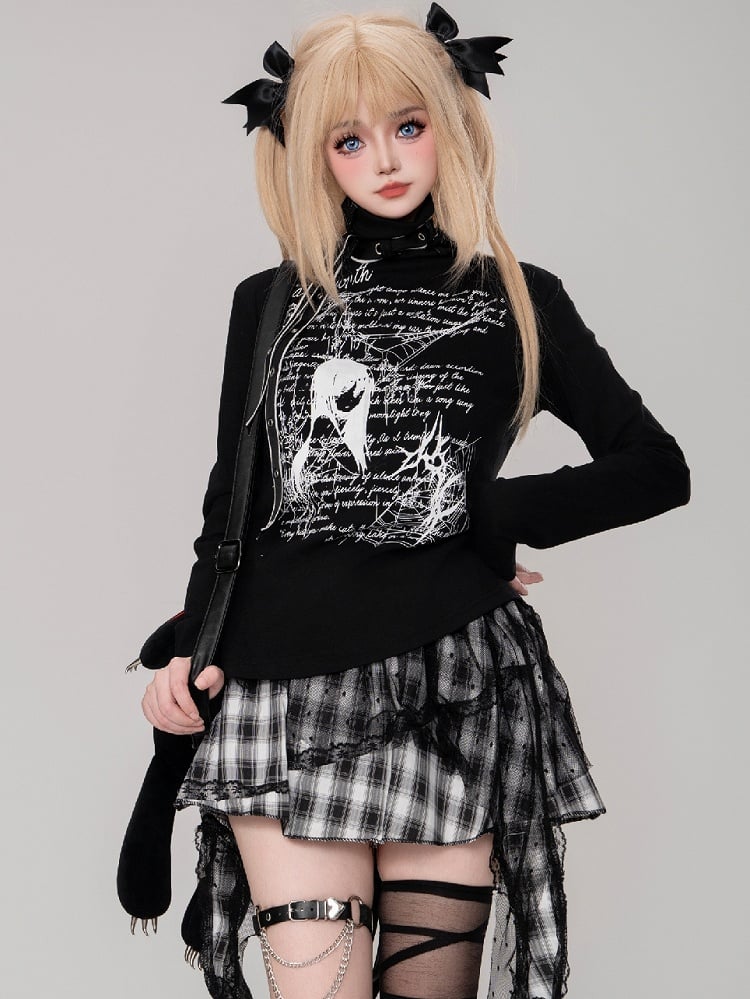 Jirai Kei Schwarz/Weißes Manga-Girl-Oberteil mit Trägerdetails und hohem Halsausschnitt