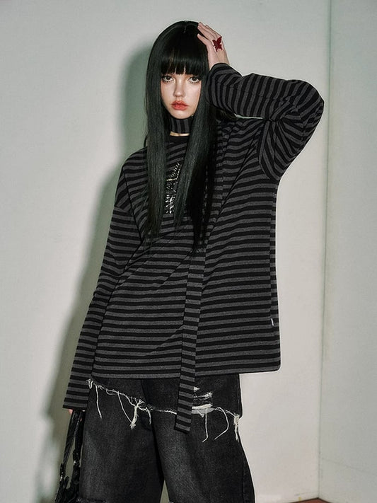Punk Star Black Striped Top Pins Sleeves and Loose Gray Long
