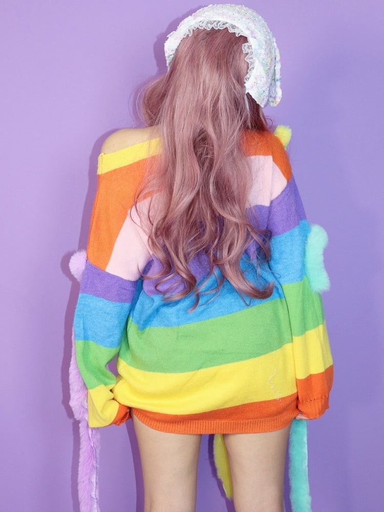 Y2K Striped Pattern Knitted Sweater Colorful Rainbow