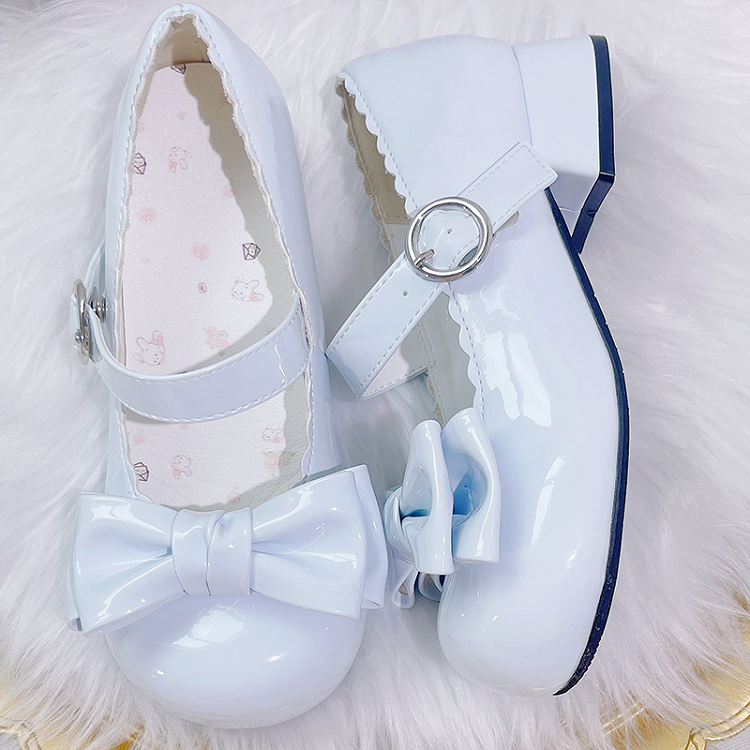 Süße Lolita-Mary-Janes in Blau mit Schleife und runder Zehenpartie und Blockabsatz