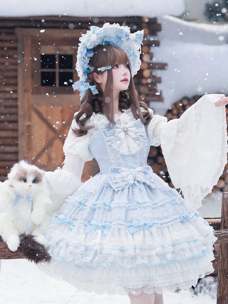Blauer Lagenrock Hanayome-Kleid Süßer Hime Lolita-Pulloverrock mit abnehmbaren Schleifen