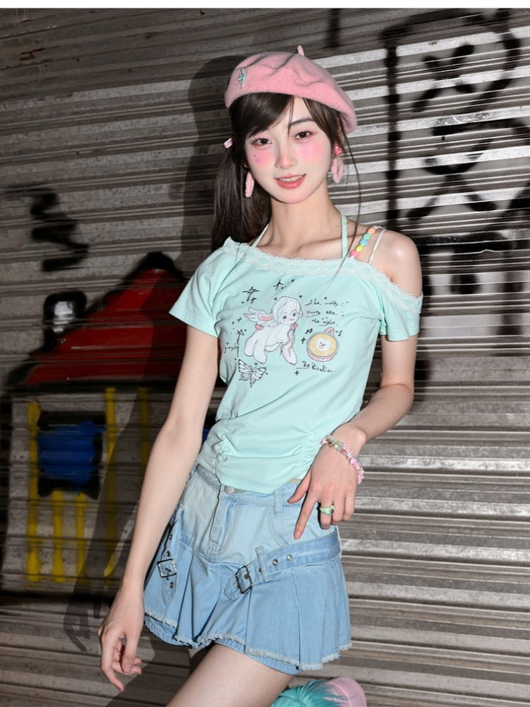 Raw Blue Buckle Straps Pleated Punk Skirt Hem Denim Glamorous