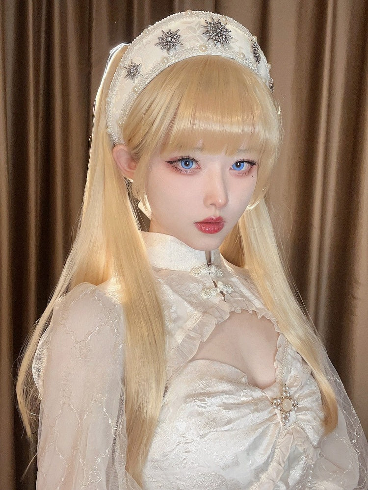 Claw Braided Ponytail Wig Bangs With Short 55CM Double Blonde Full Clips 30CM + Straight
