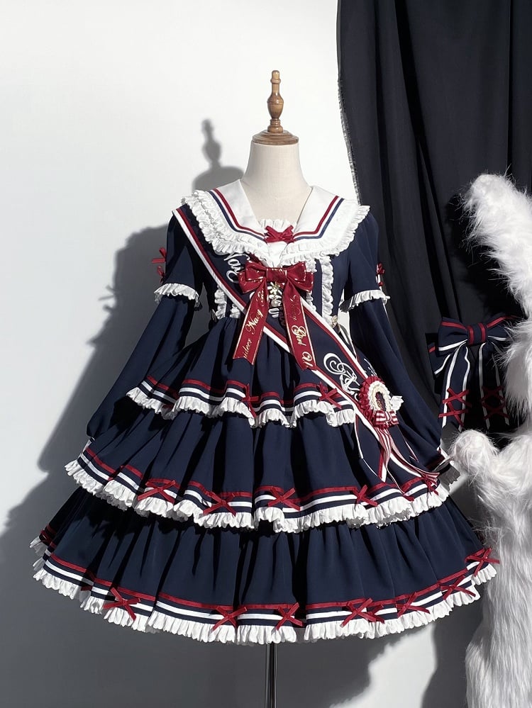 Sailor Set Lolita Navy Summer Dress Skirt Full OP Navycore Tiered Blue