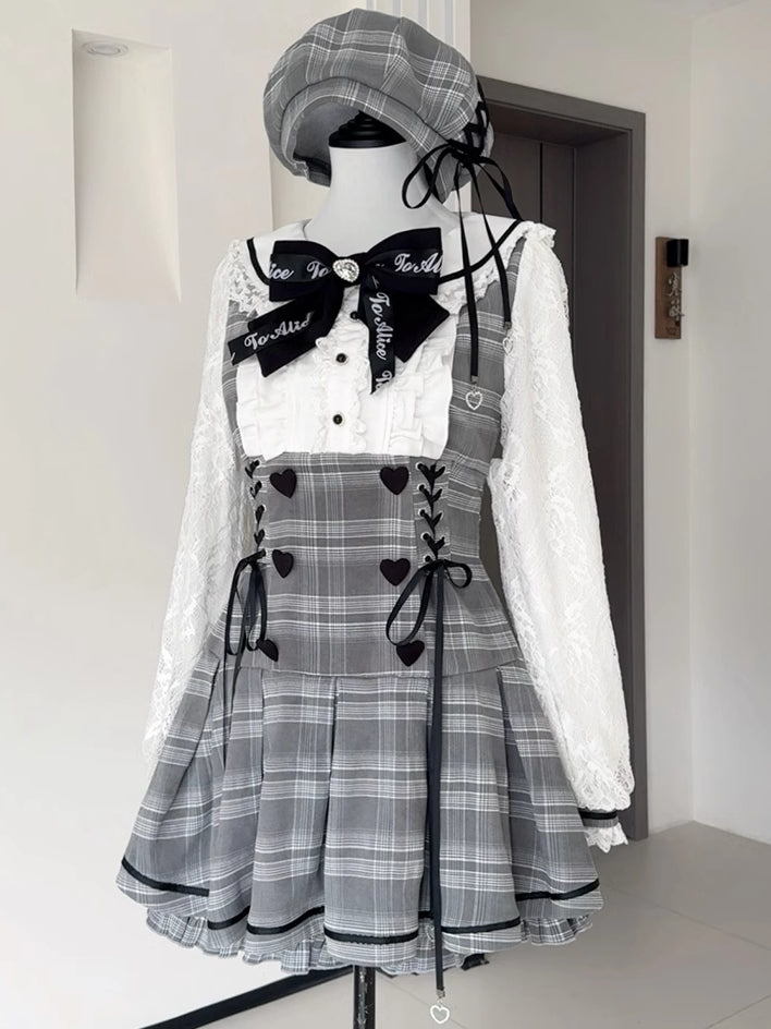 Jirai Kei Graues Set, Peter-Pan-Kragen, hoher Taille, Kellerfaltenrock, kariertes Kleid + Shorts mit Rüschenbesatz und Bündchen