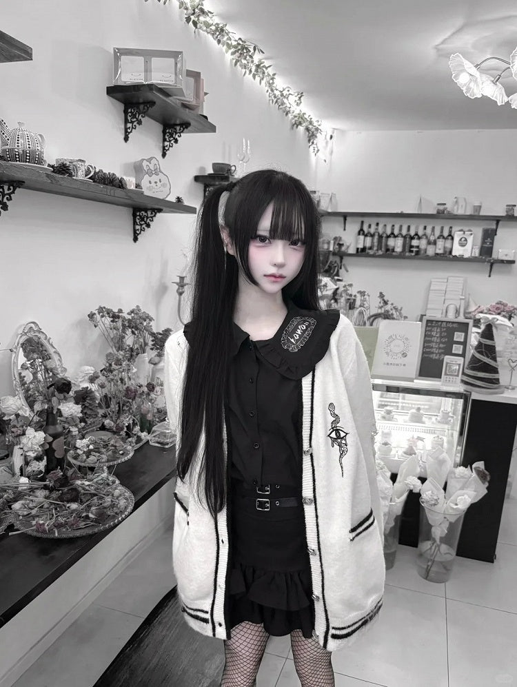 with Eye and Snake Embroidery Distressed Holes Knit Cardigan White