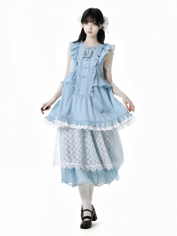 Rococo Back Buttons Style Blue Flutter Sleeves Big Sleeveless Dress Knot Cheongsam Details Tassel Bow