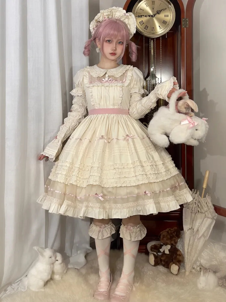 Lolita Pink Beige Peter Dress Cotton Bow and Collar Accents Pan