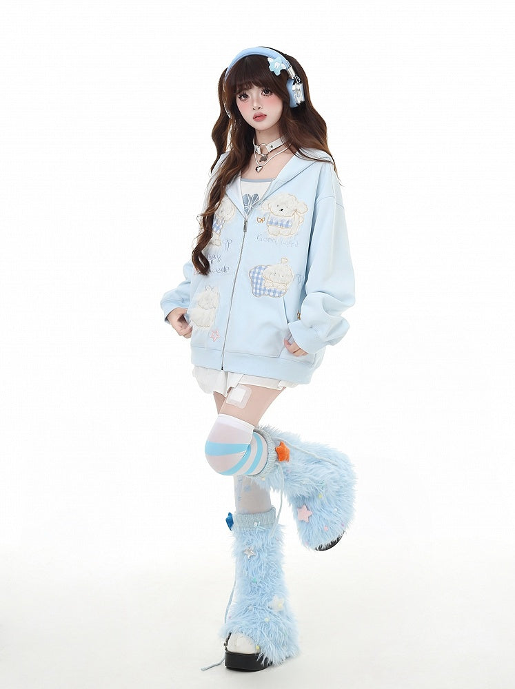 Puppy Embroidery Applique Black/Light Blue Plush Zip Closure Hoodie