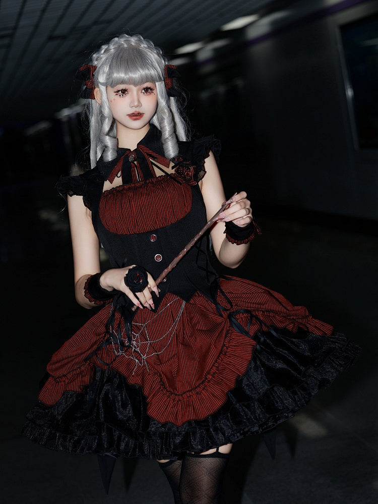 Lolita Halloween Gothic Kordelzug mit schwarzem Muster und Taille, gestreiftes rotes Kleid