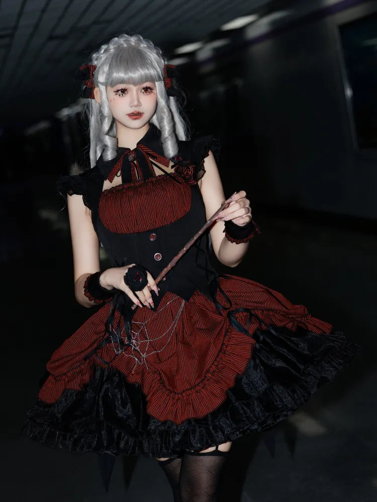 Red and Black Boned Waist Drawstring Striped Pattern Hem Halloween Gothic Lolita Dress