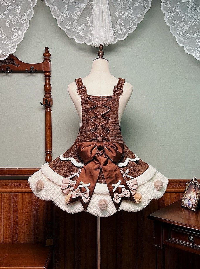 Dress and with Scalloped Brown White Sweet Trim Lolita Overalls Pom-poms Bowknots Edge