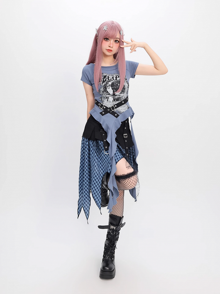 Handkerchief Hem Mesh Patchwork Y2K Black Blue/ White Plaid Skirt Black
