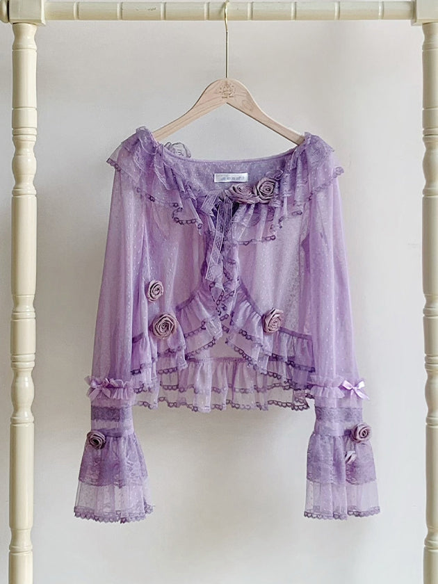 Sheer Sleeves Top Purple Trimming Long Dotted Flounce Tulle
