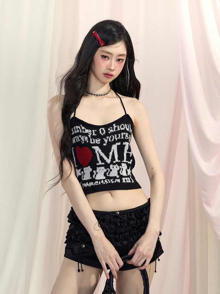 Letter Cropped Top Print Glamorous Pink/Black/Apricot Halter Neck