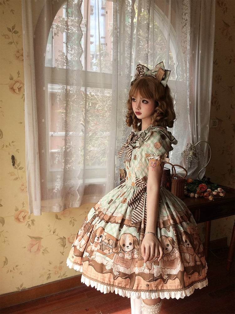 Puppy and Biscuit Green Sweet Lolita Short Sleeves Dress