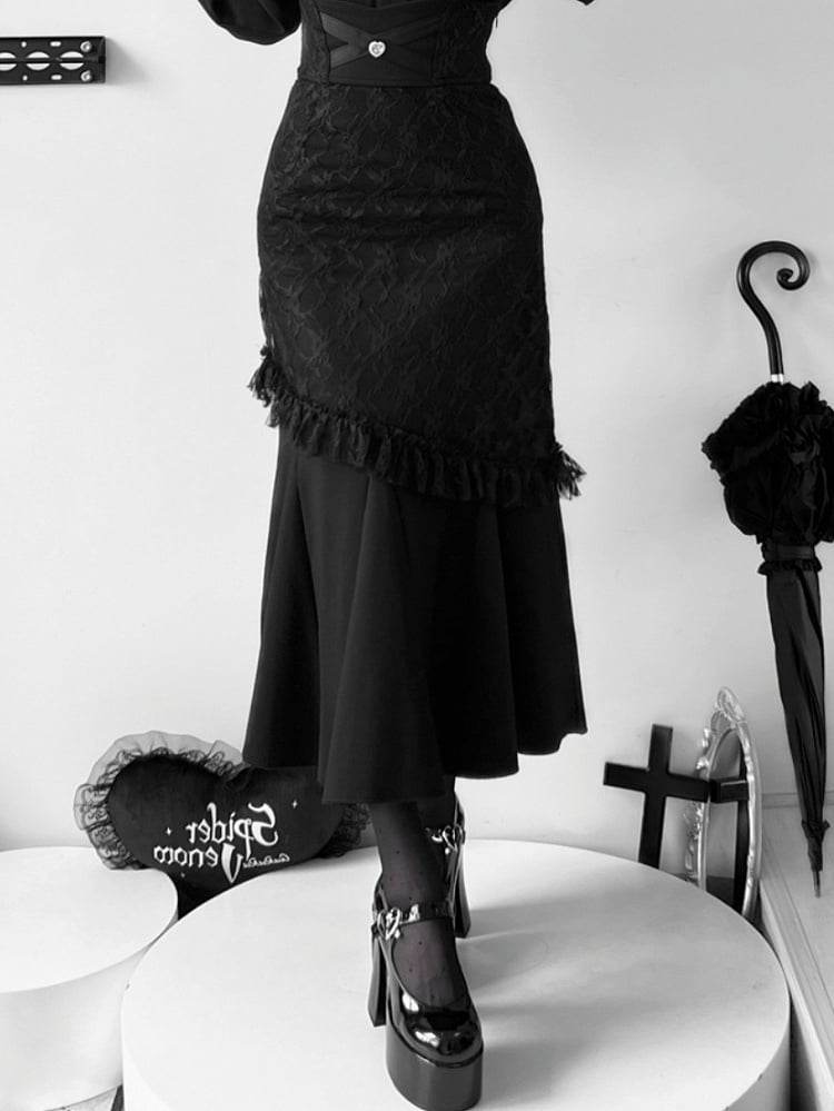 Waist Heart Rhinestone Jirai Kei Mermaid Skirt Black High
