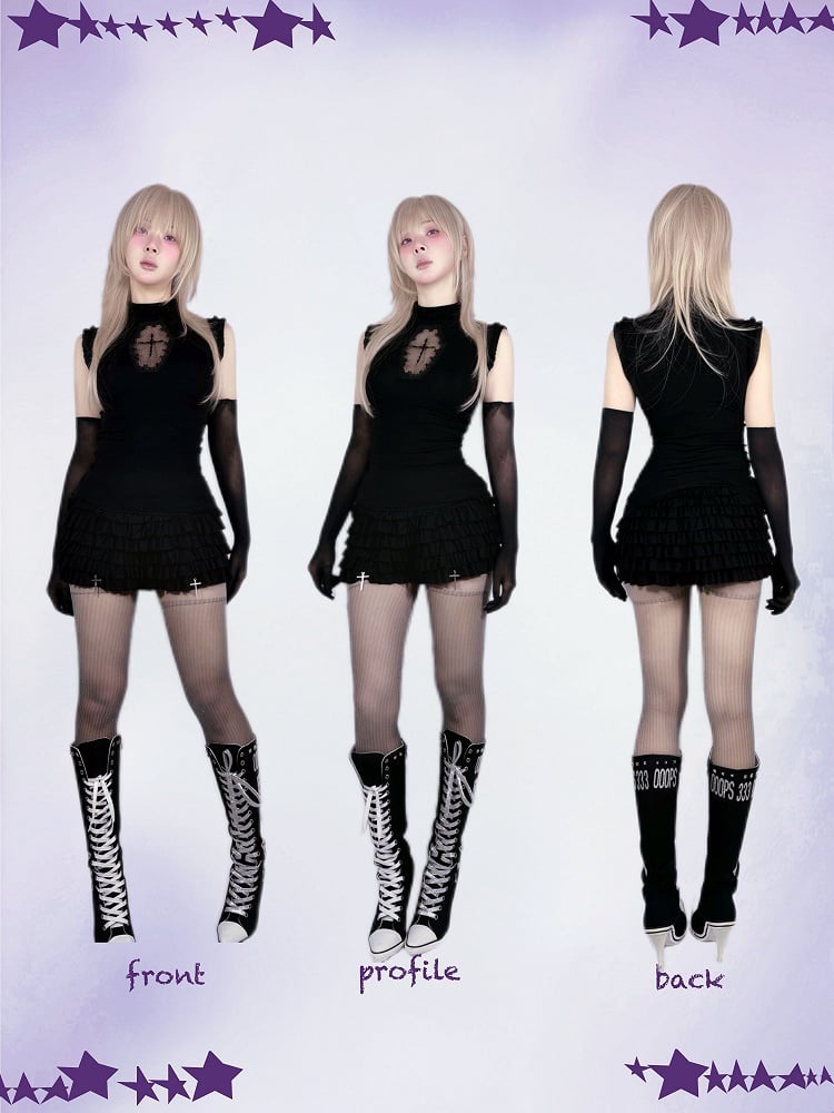 Cross Charms Tiered Ruffles Skort Waist Black Elastic