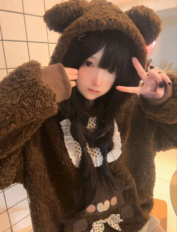 Brown Plush Fleece Hoodie with Bib Design