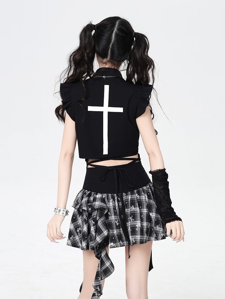 with Back Flutter Sleeves Blouse Print Lace-ups Cross White Black