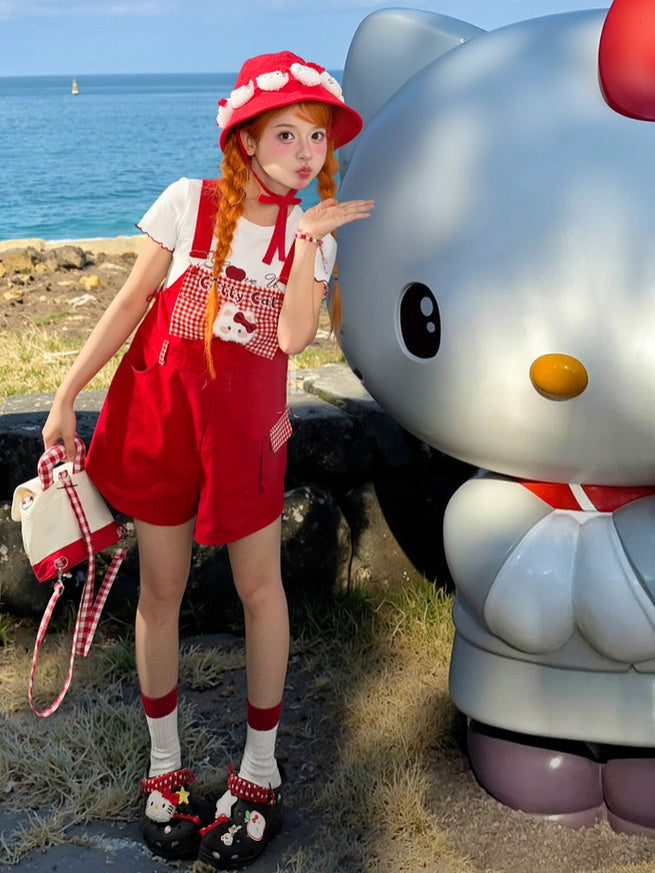 Red Plaid Bowknot Plush Kitty Overall Shorts