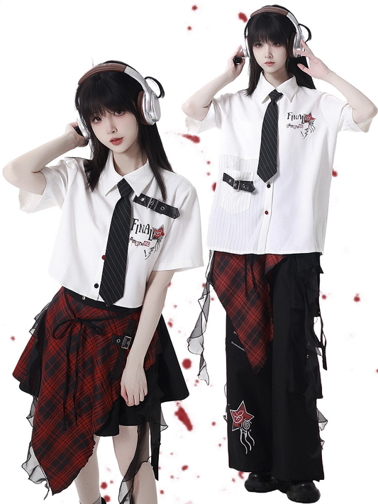 Version Black Buttons Red Long/Short Short Sleeves Shirt and Contrast Leather Buckle Strap White