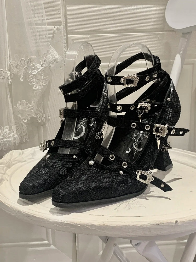 Gothic Black Pointed Toe Lace 8.5cm High Heels Multiple Buckle Straps