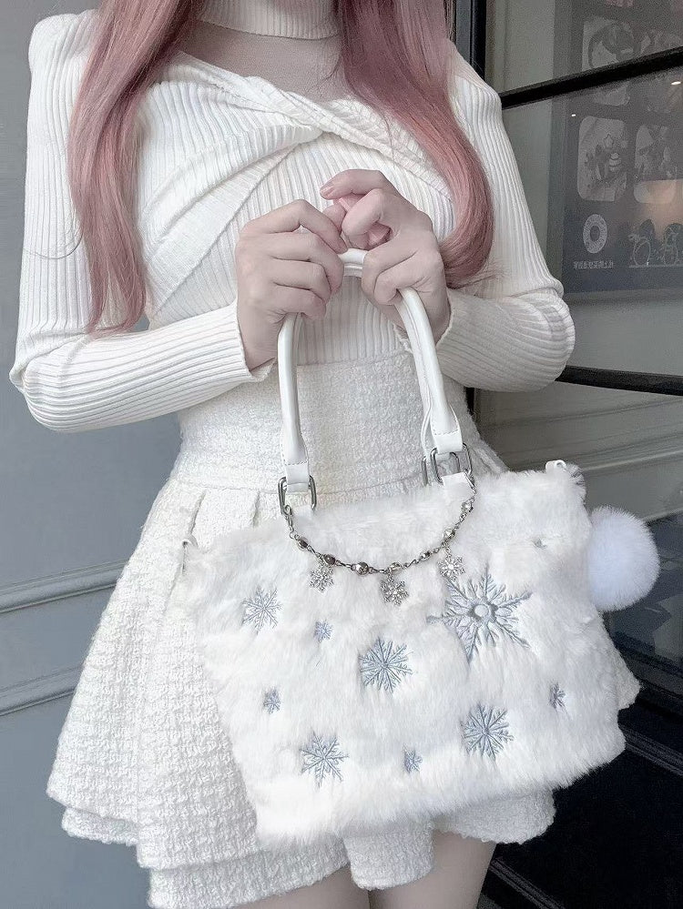 / Rhinestone Chain with Blue Tote Bag Light Beaded Chain Snowflake Embroidery Plush