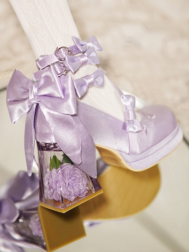 Elegant Camellia Flower Heel Purple Platform Block High Heels