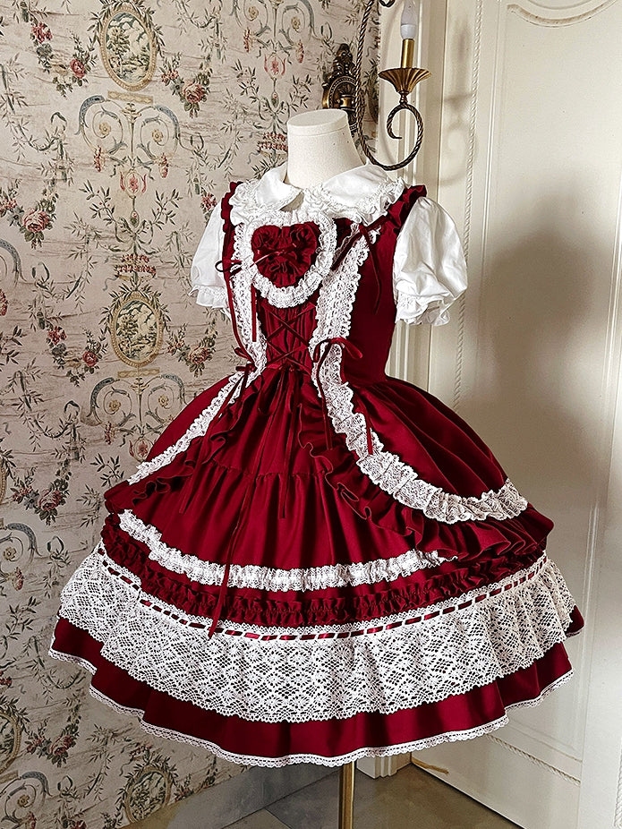 Abnehmbarer gepolsterter Herzpullover für die Schule, alter Lolita-Rock, rotes Kleid-Mieder