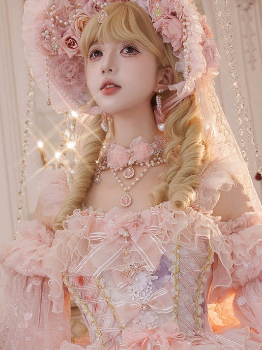and Chain Pink Details Flower Decorated Necklace Bow Bead