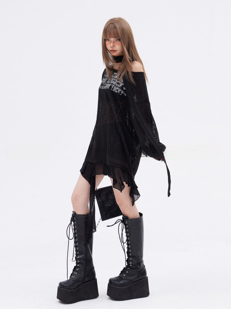 Scarf Free Printed Knitted Top with Black Asymmetrical Hem Hollow-out