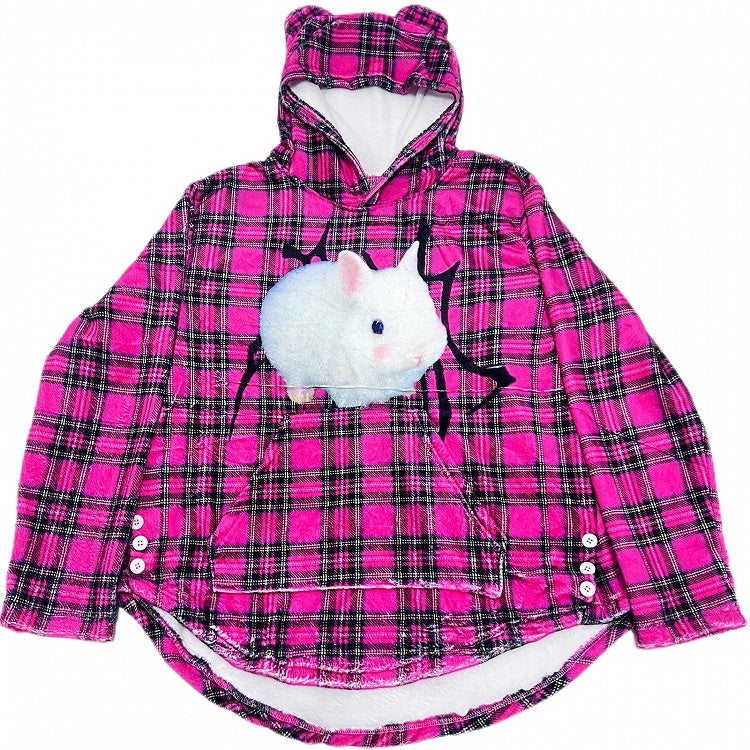 Pattern Hoodie Plaid Oversized Rose Fashion Bunny Red Print Gyaru