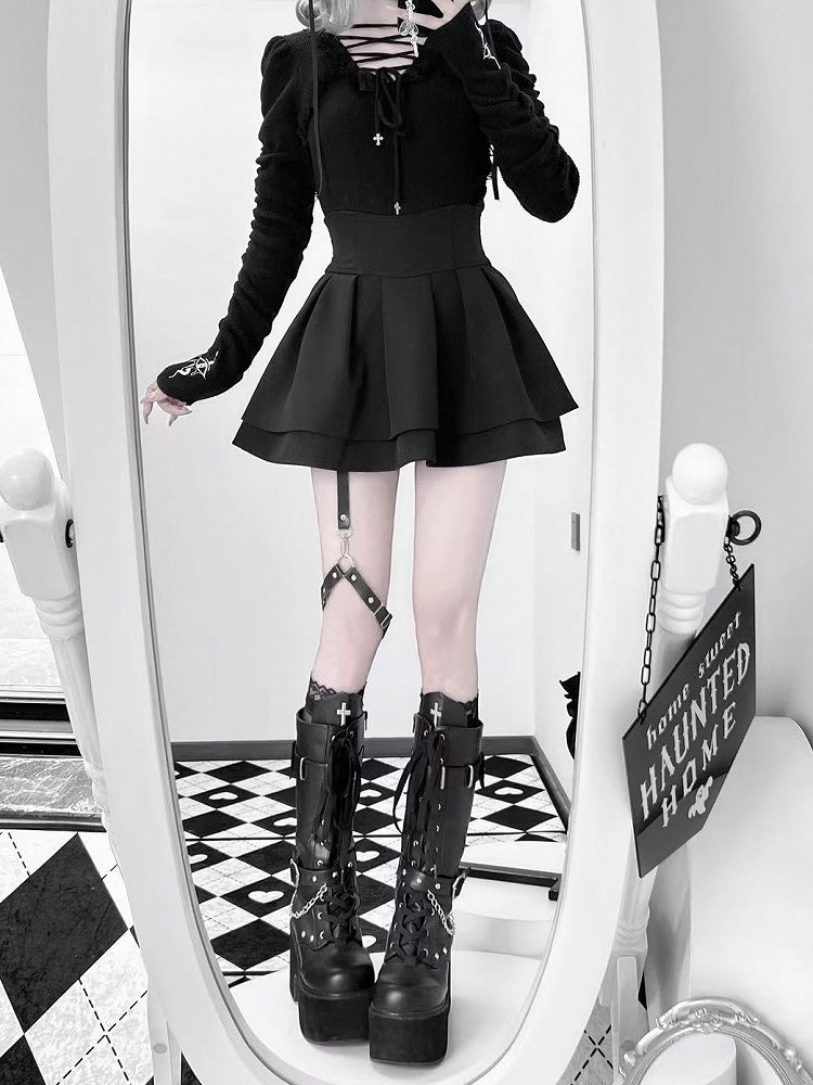 Lace-up Gothic Eye and Cross Embroidery Black Snake Knit Top with Straps Neckline