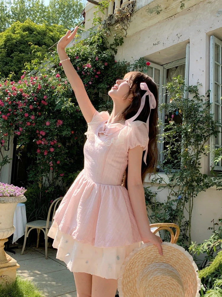 Pink Bowknot Detail Neckline Tiered Skirt Hem Sweet Dress Colorful Polka Dot