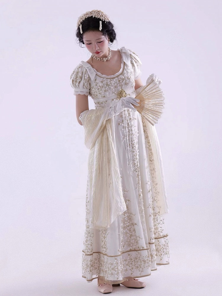 White Empire Waist Regency Elegant Lolita Maxi Dress Ankle Length Version