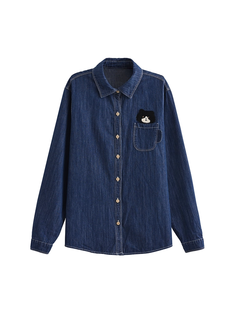 Kitty Dark Blue Faded Wash Denim Shirt Cute Embroidery