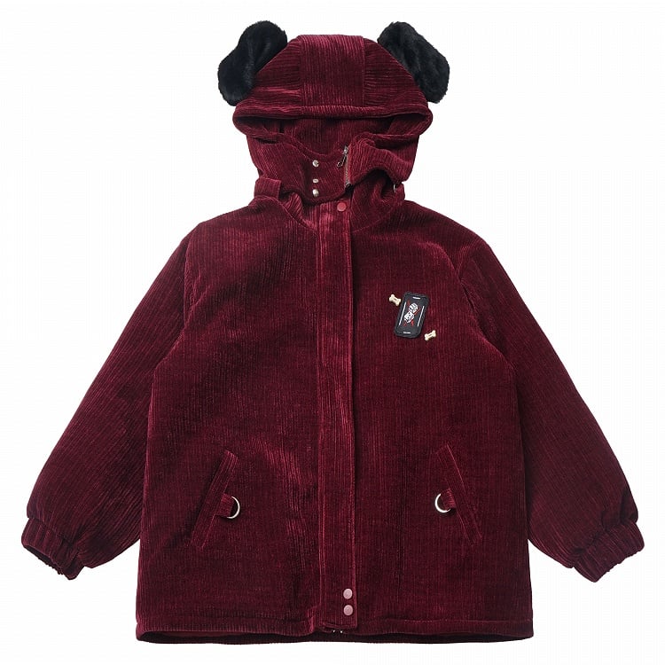 Wine Red High Neck Puppy Ear Hooded Coat