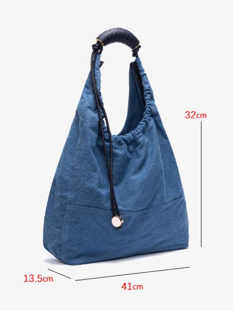 Denim Capacity Tote Shoulder Bag With Adjustable Braided Strap Blue Large