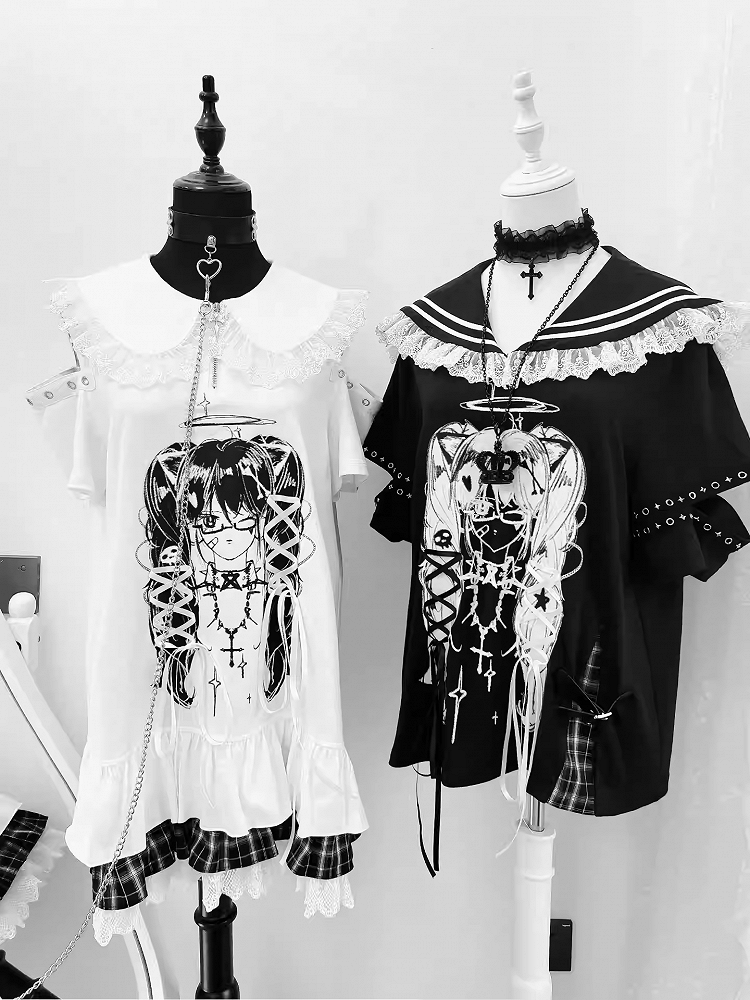Anime Girl Print Peter Pan Collar Lace-up Details Dress Bittersweet White