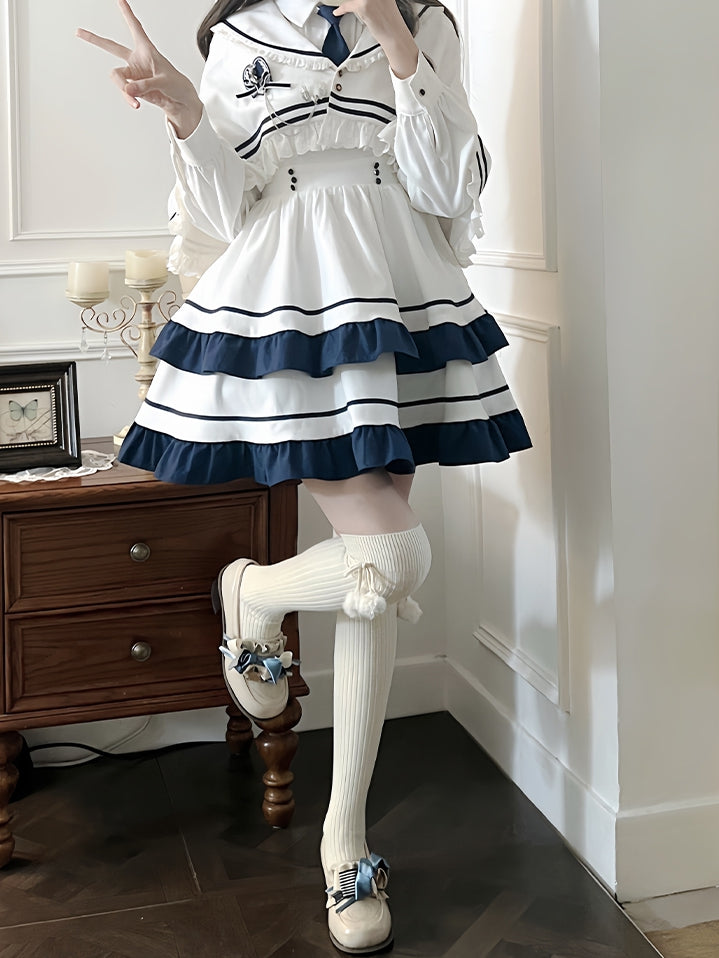 White and Blue Lace Trim Sailor Collar Cloak