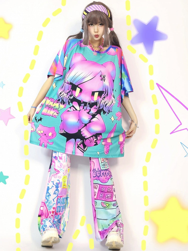 Gyaru Colorful Cartoon Short Striped Fashion Pattern Print Sleeve T-Shirt