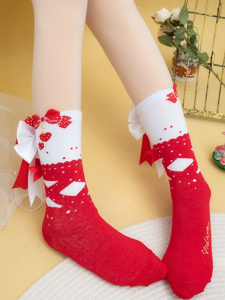 Red Bowknot Print Polka-dot Calf Socks